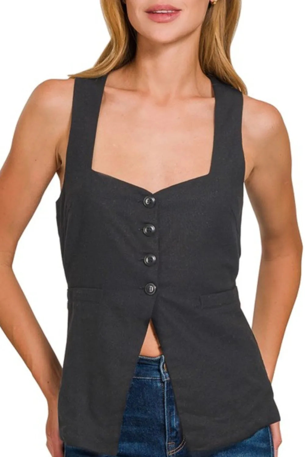 Dame Vest med Knappelukking Bånd Design i Lin 1