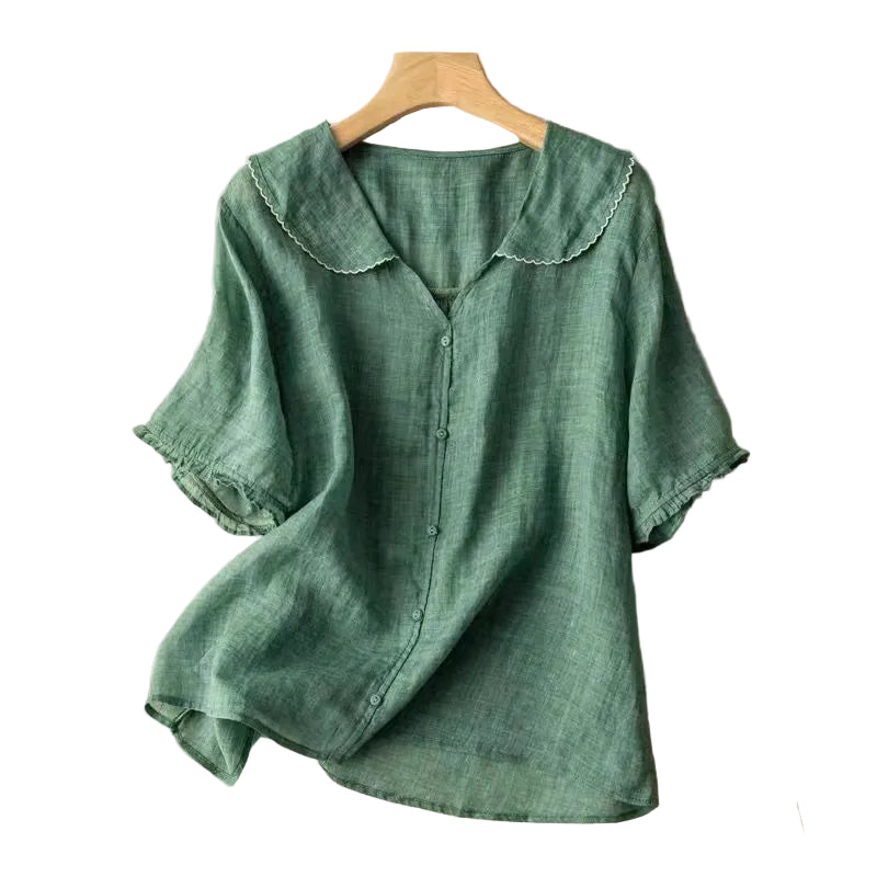 Dame Vintage Bluse med Knappdetalj og Kamkrage 0
