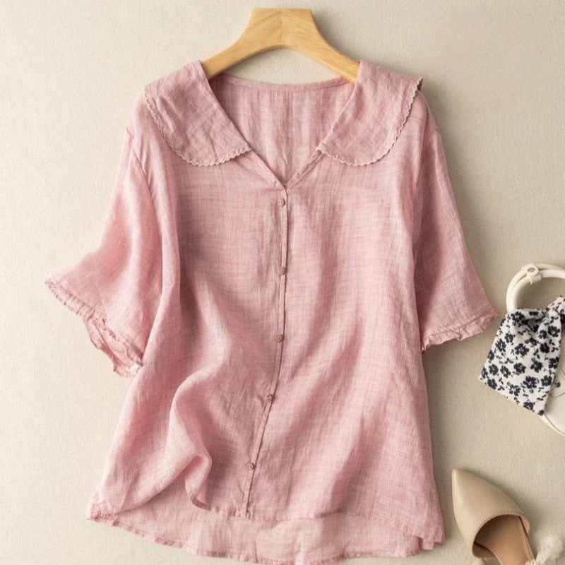 Dame Vintage Bluse med Knappdetalj og Kamkrage 3