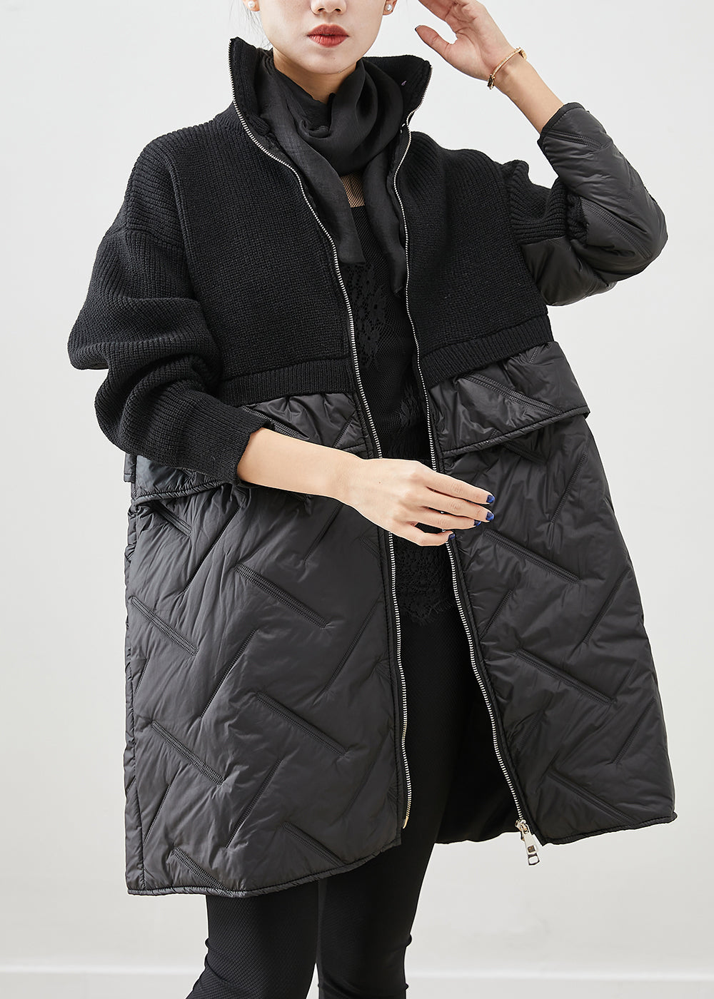 Dame Zip Up Patchwork Strikket Kåpe 1