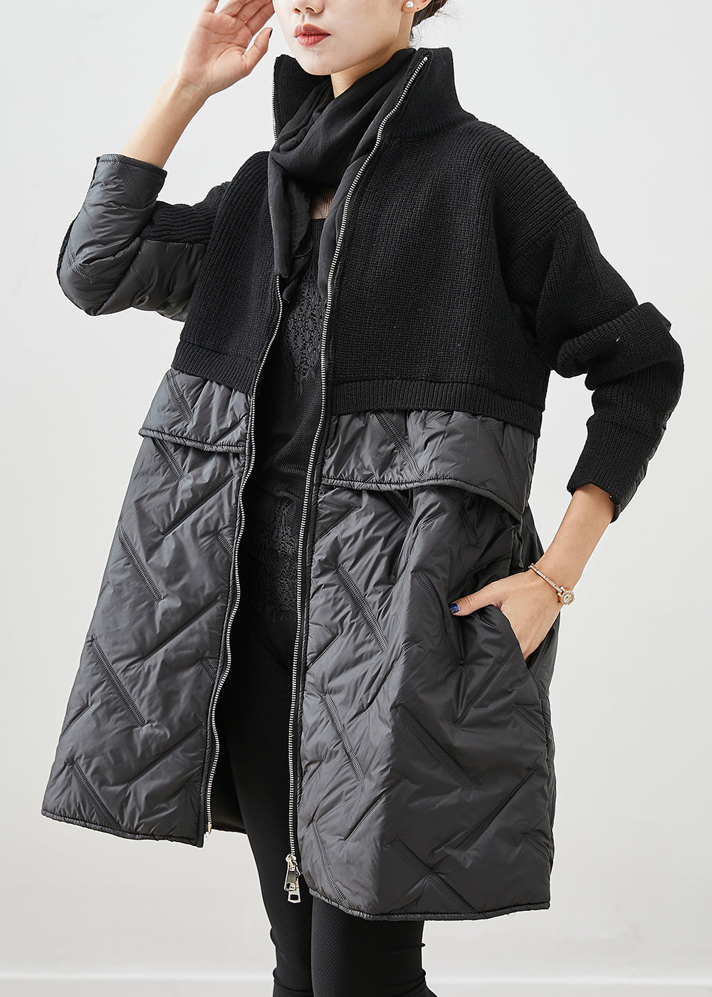 Dame Zip Up Patchwork Strikket Kåpe 2