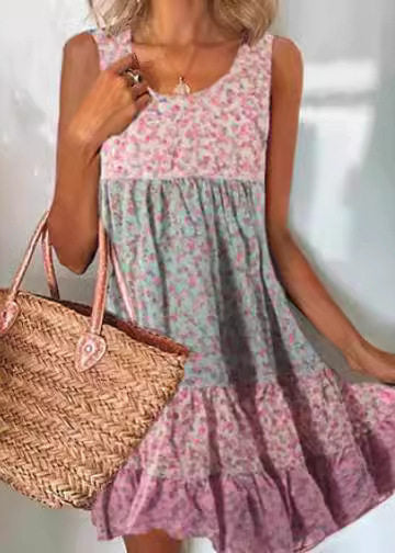 Dame ermeløs ferie kjole med patchwork print 0