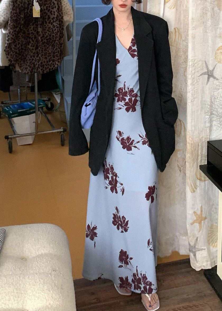 Dame lang kjole med V-hals og trykk uten ermer 2