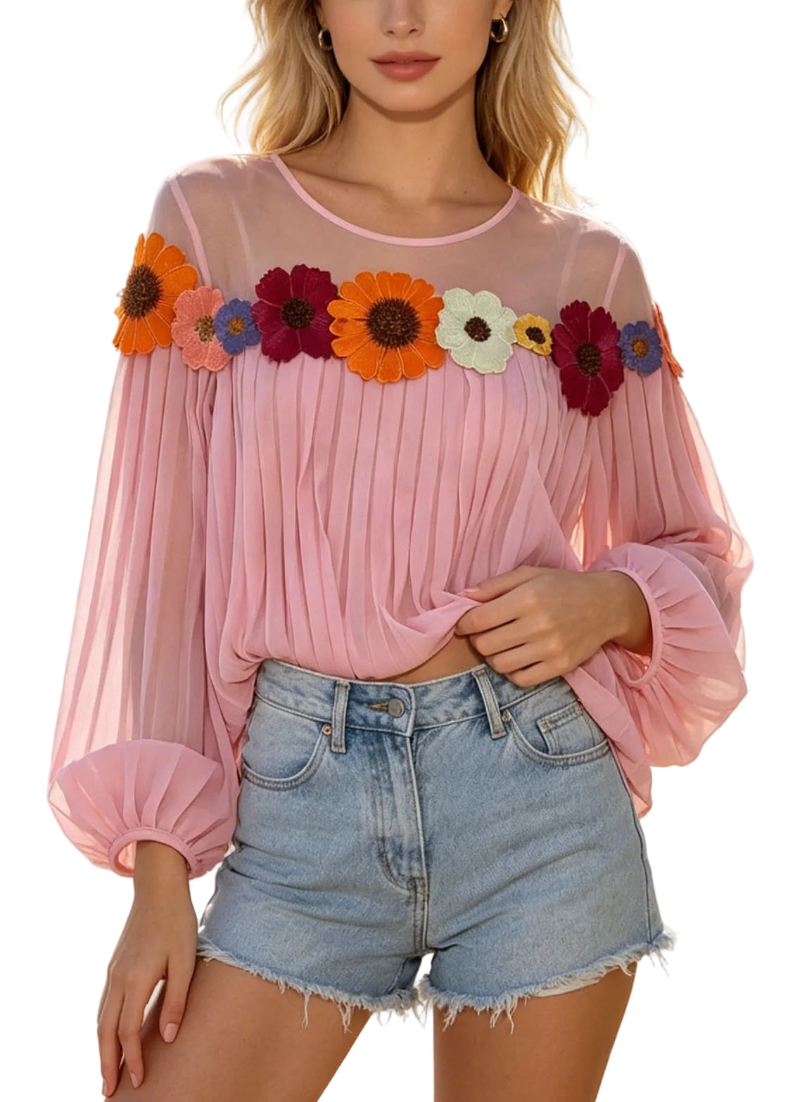 Damebluse Patchwork Chiffon med Rynker og Blomsterprint 0