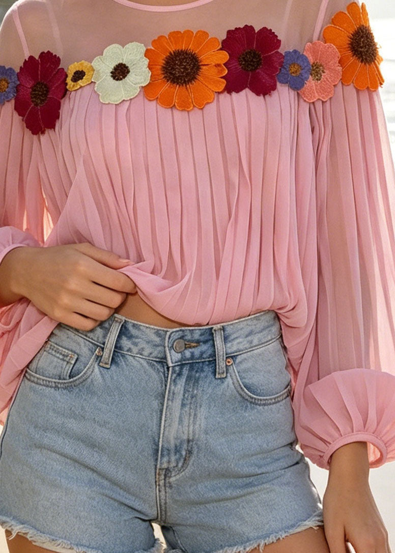 Damebluse Patchwork Chiffon med Rynker og Blomsterprint 2