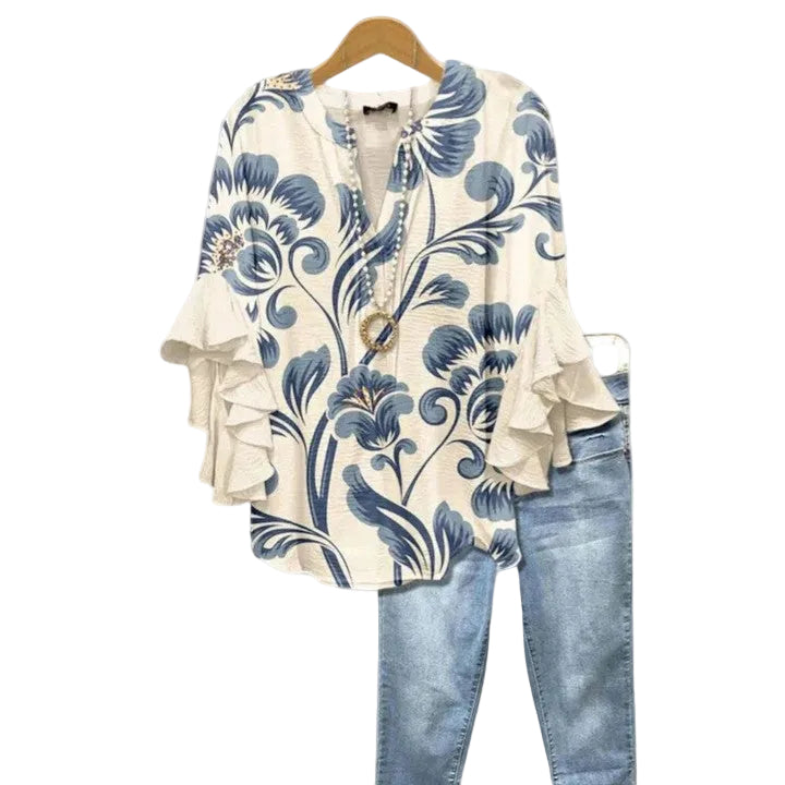Damebluse med Blomstertrykk og Ruffede Ermer 0