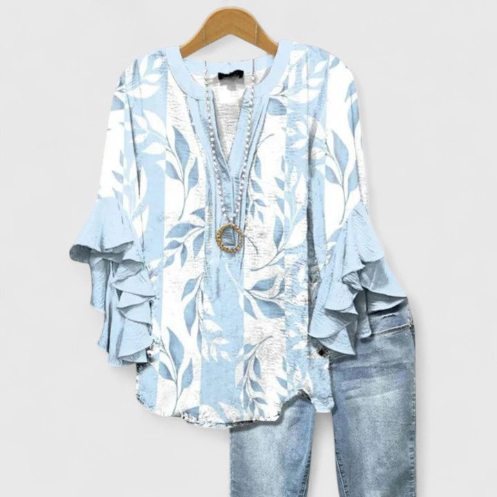 Damebluse med Blomstertrykk og Ruffede Ermer 6
