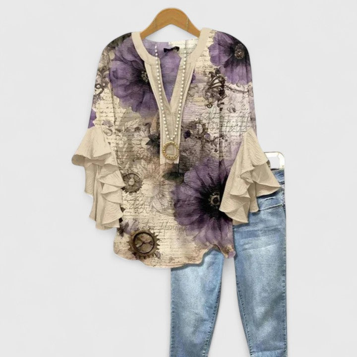 Damebluse med Blomstertrykk og Ruffede Ermer 9