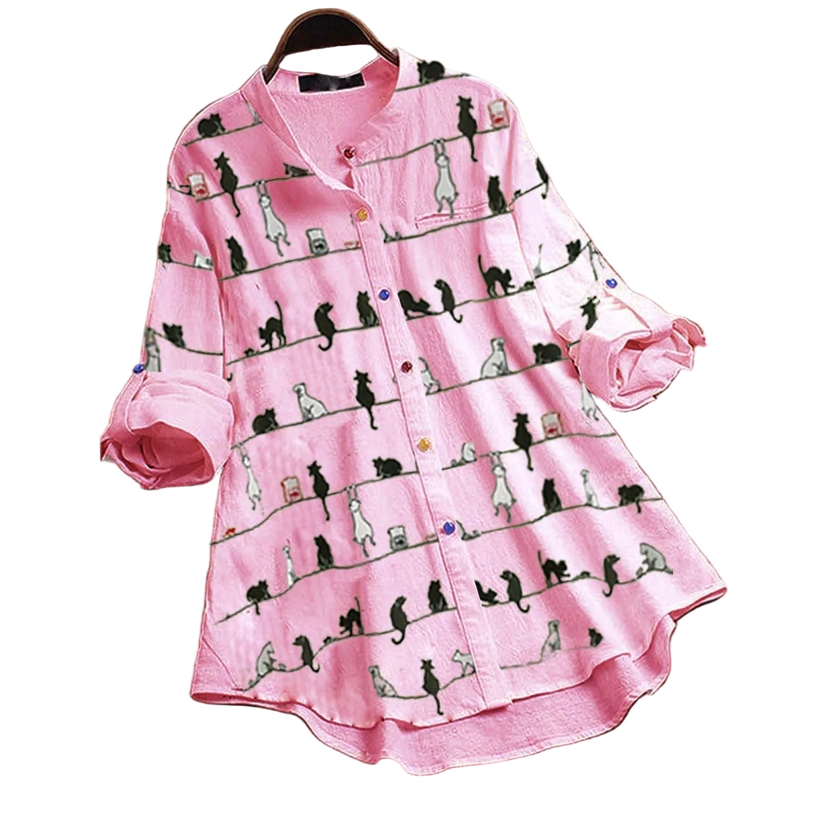 Damebluse med Kattemotiv og Knappestolpe 0
