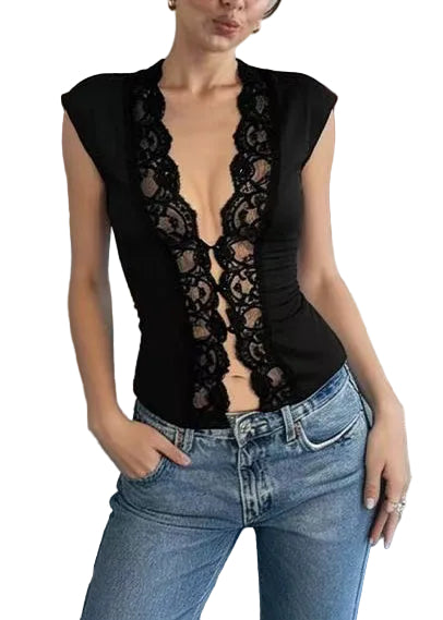 Damebluse med Knapp og Patchwork Design 0