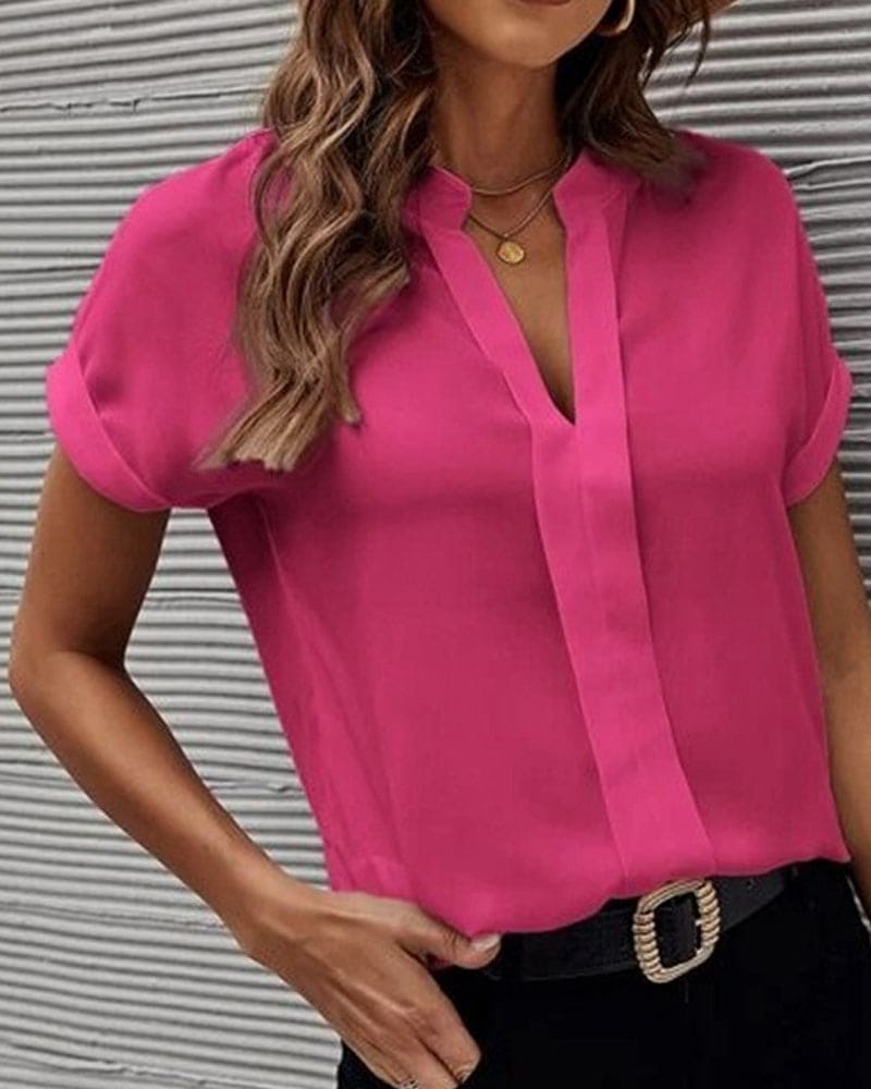 Damebluse med Korte Ermer V-hals 2