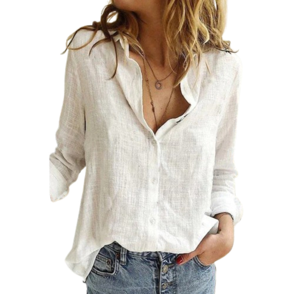 Damebluse med V-hals og broderi 0