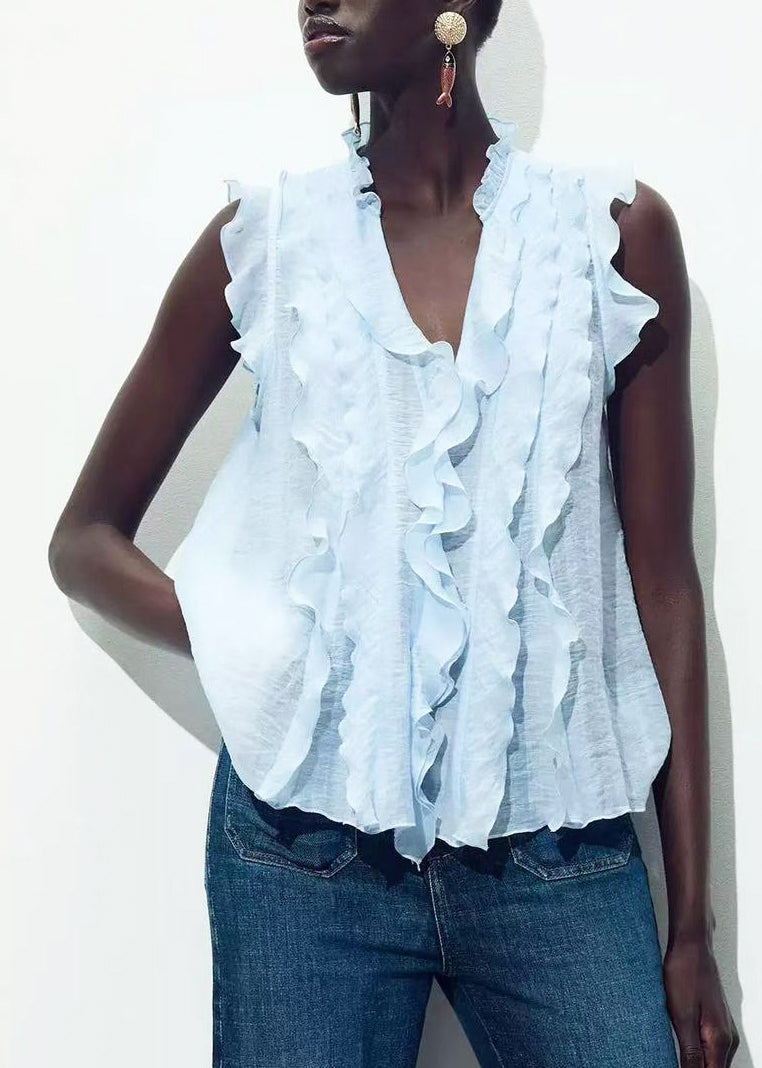 Damebluse med V-hals og volanger sommerstil 0