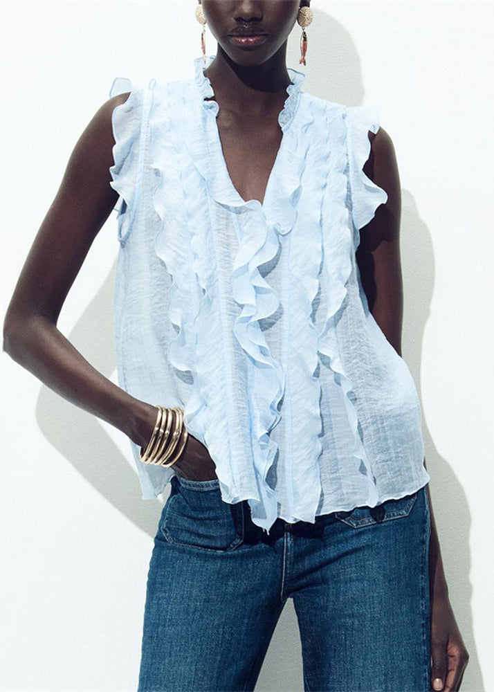 Damebluse med V-hals og volanger sommerstil 1