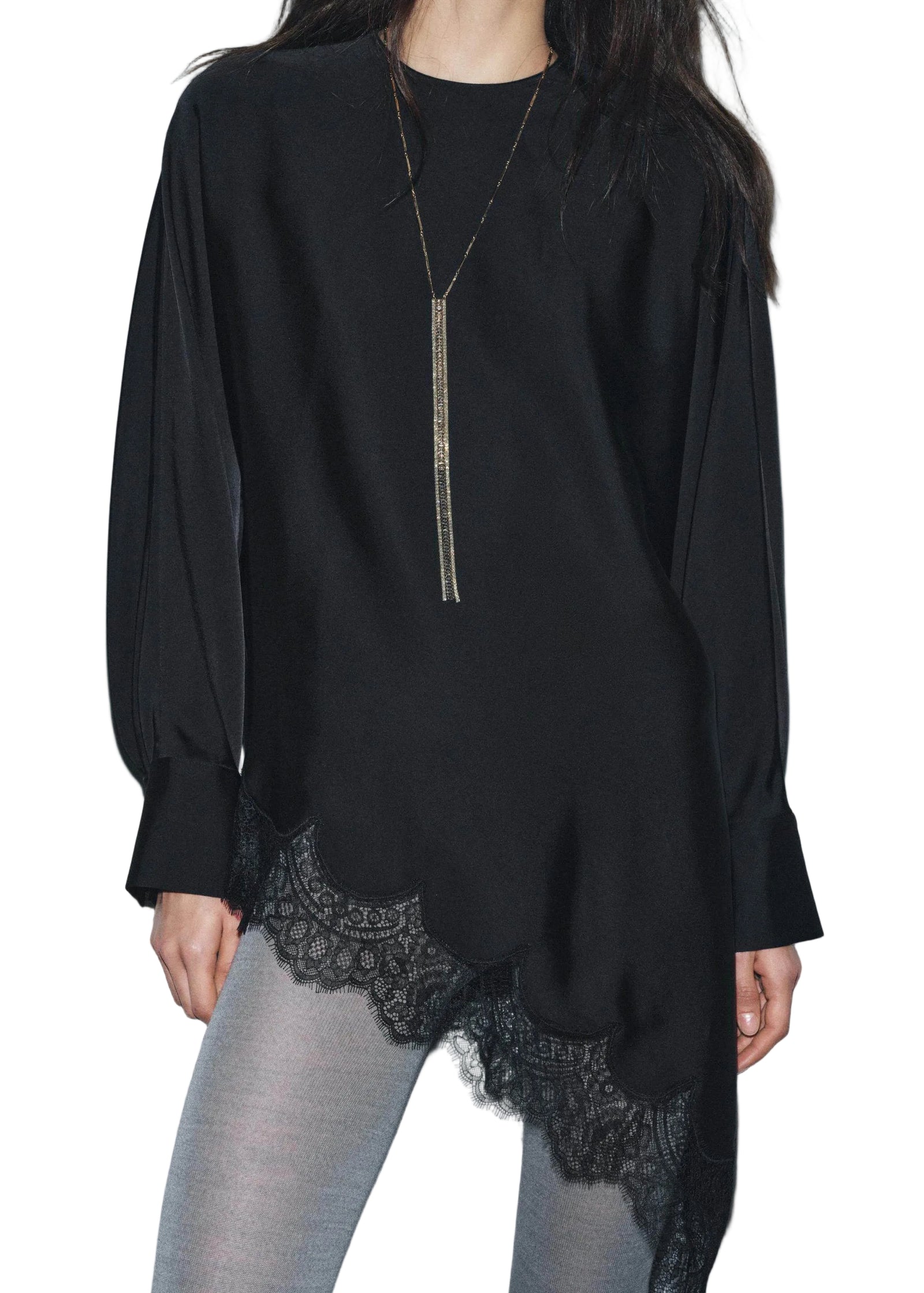 Damebluse med asymmetrisk design og blonder 0