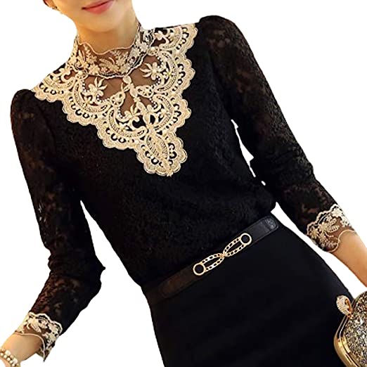 Damebluse med broderi og meshpaneler 2