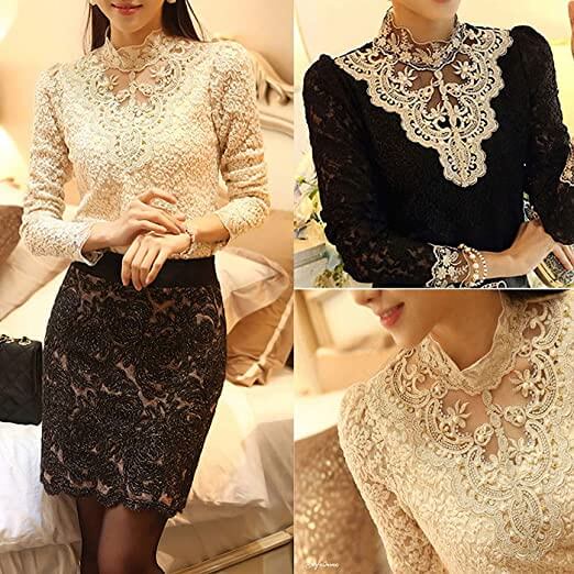 Damebluse med broderi og meshpaneler 3