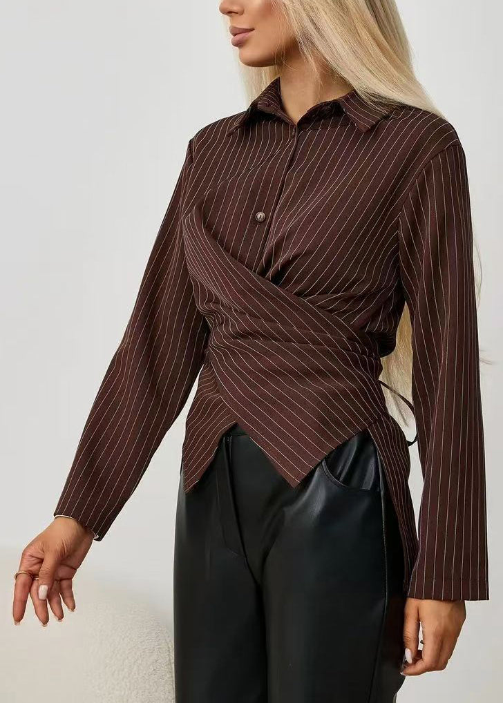 Damebluse med lange ermer og Peter Pan-krage stripete design 2