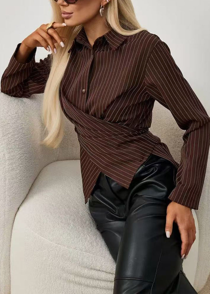 Damebluse med lange ermer og Peter Pan-krage stripete design 3