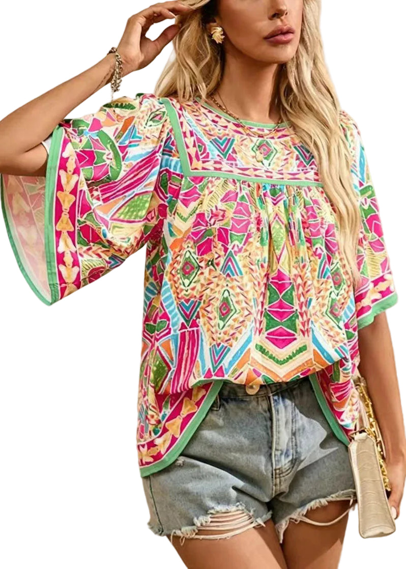 Damebluse med rund hals og rynket regnbueprint 0
