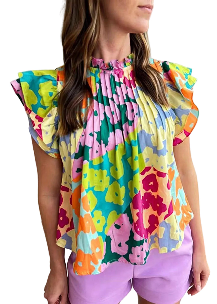 Damebluse med rynket trykk og sommerfugldetaljer 0
