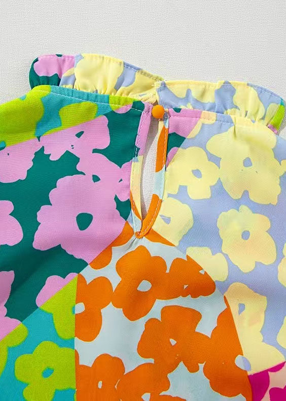 Damebluse med rynket trykk og sommerfugldetaljer 3
