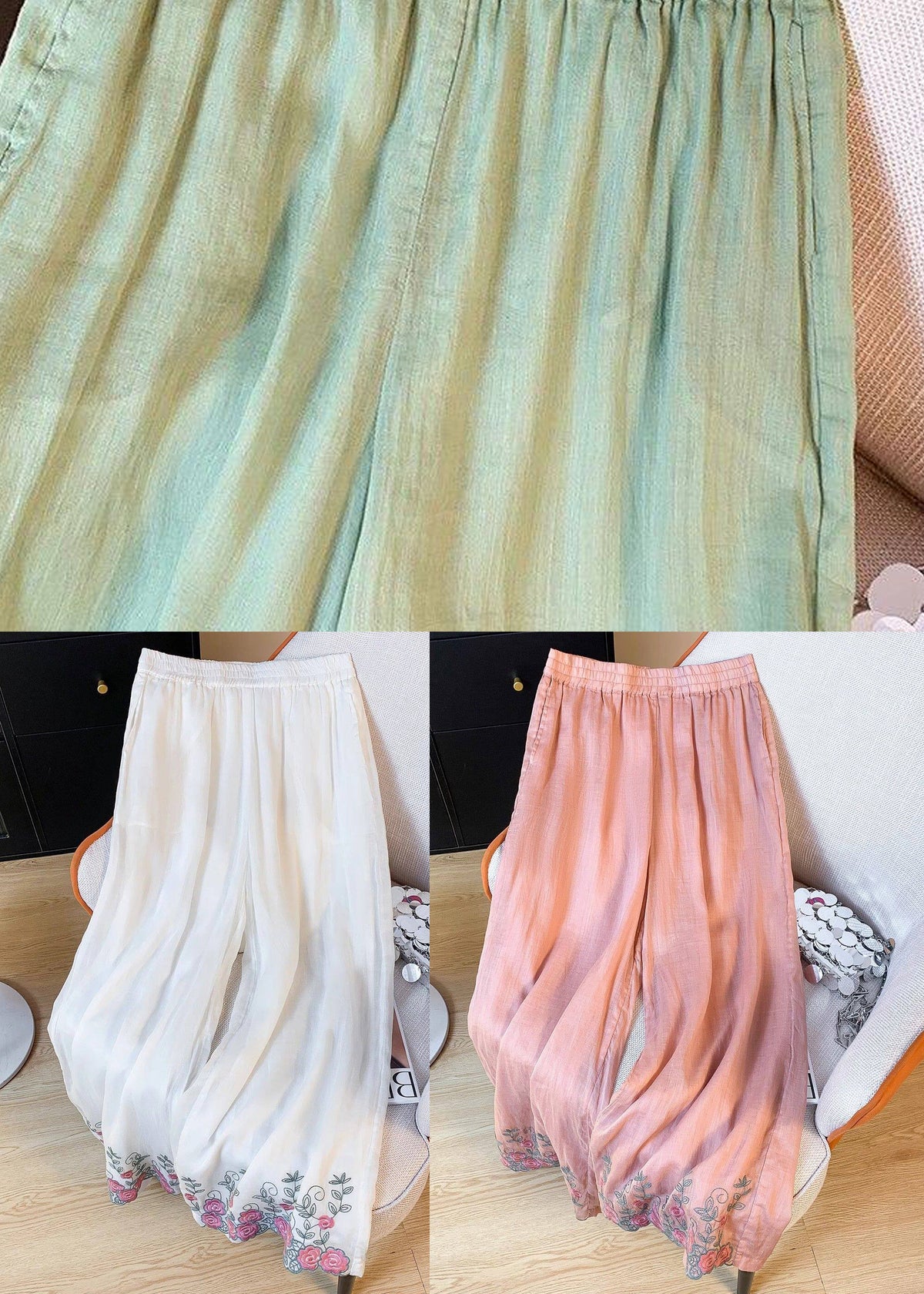 Damebukse med brodert detalj og elastisk midje løs passform 4