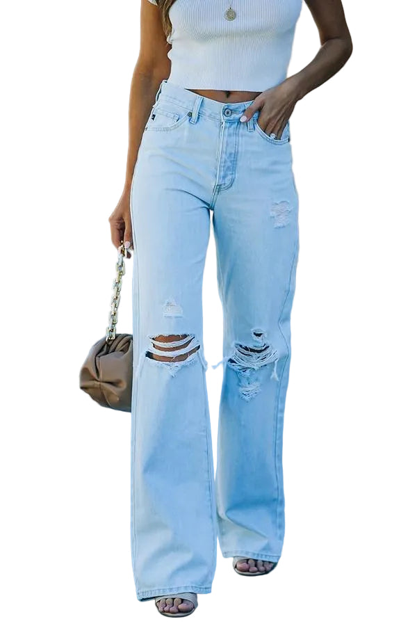 Damejeans Høy Midje Brede Ben med Slitne Detaljer 0