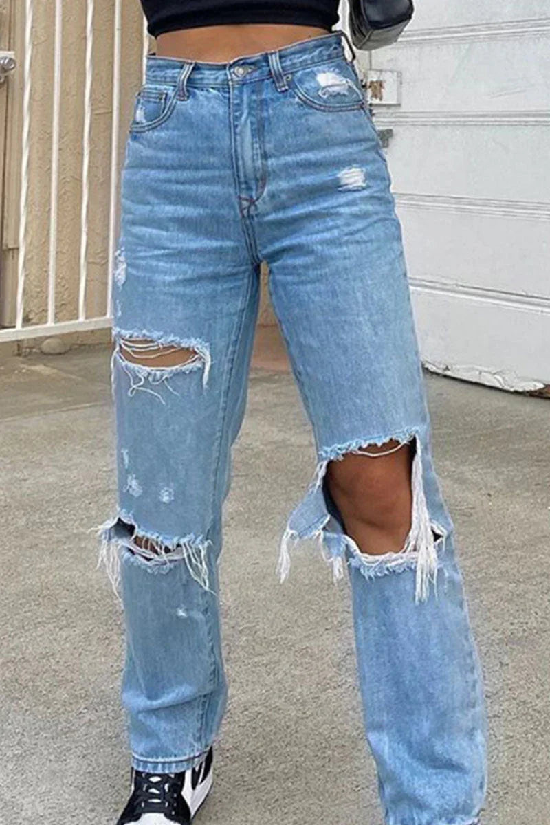 Damejeans Høy Midje Rippede Stil 1