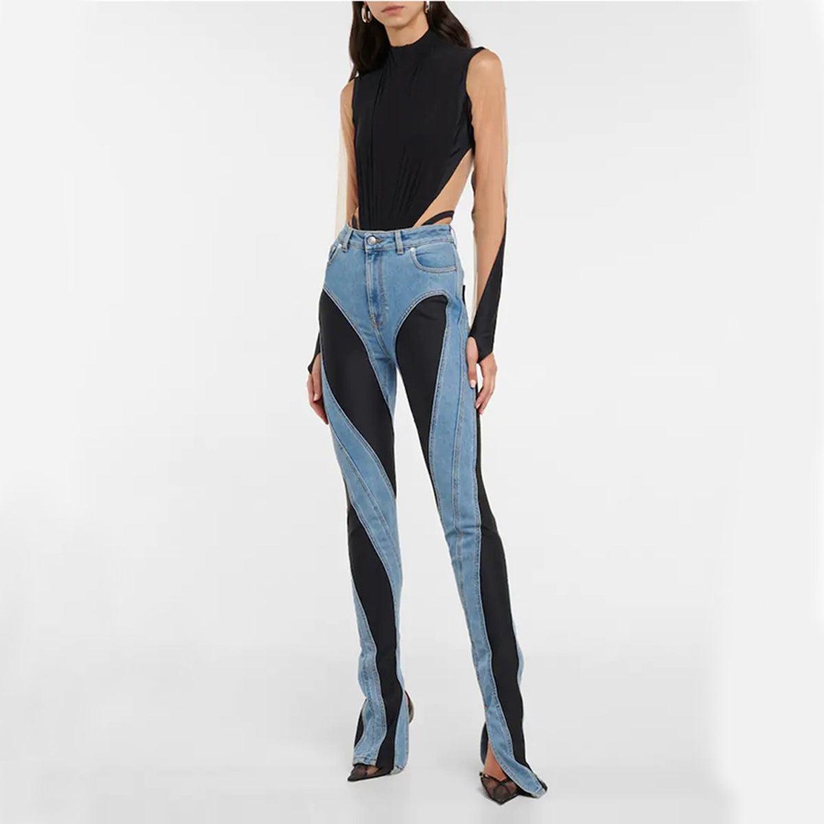 Damejeans Høy Midje Slim Fit Elastisk Denim med Dristige Fargekontraster 1