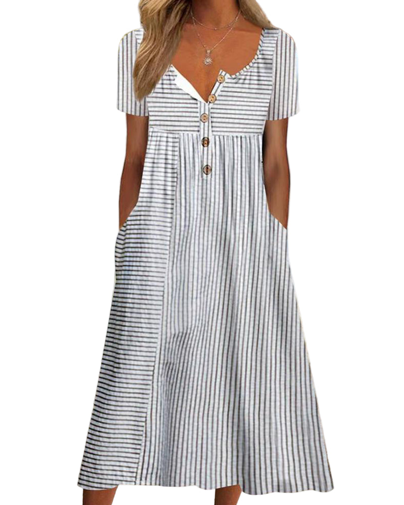 Damen A-Linien Kleid med Vintage-Print og V-Ausschnitt 0