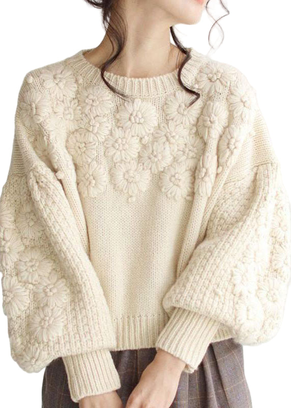 Damenes Strikket Genser med Broderi i Beige 0