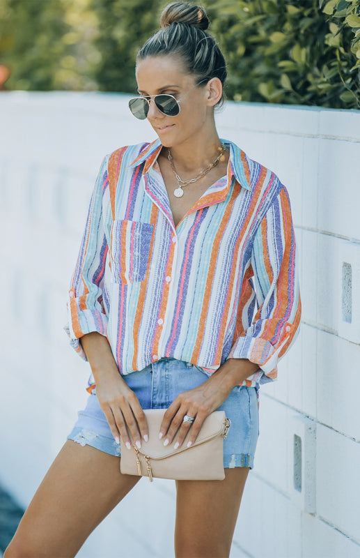 Damenes Striped Button Up Top med Turn-Down Krage i Lin 1