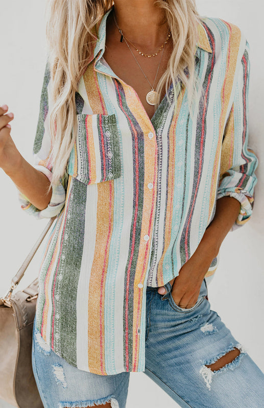 Damenes Striped Button Up Top med Turn-Down Krage i Lin 4