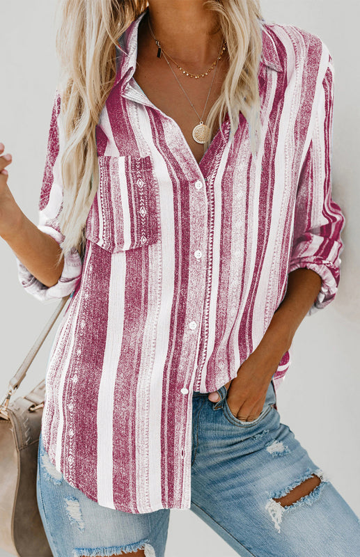 Damenes Striped Button Up Top med Turn-Down Krage i Lin 5