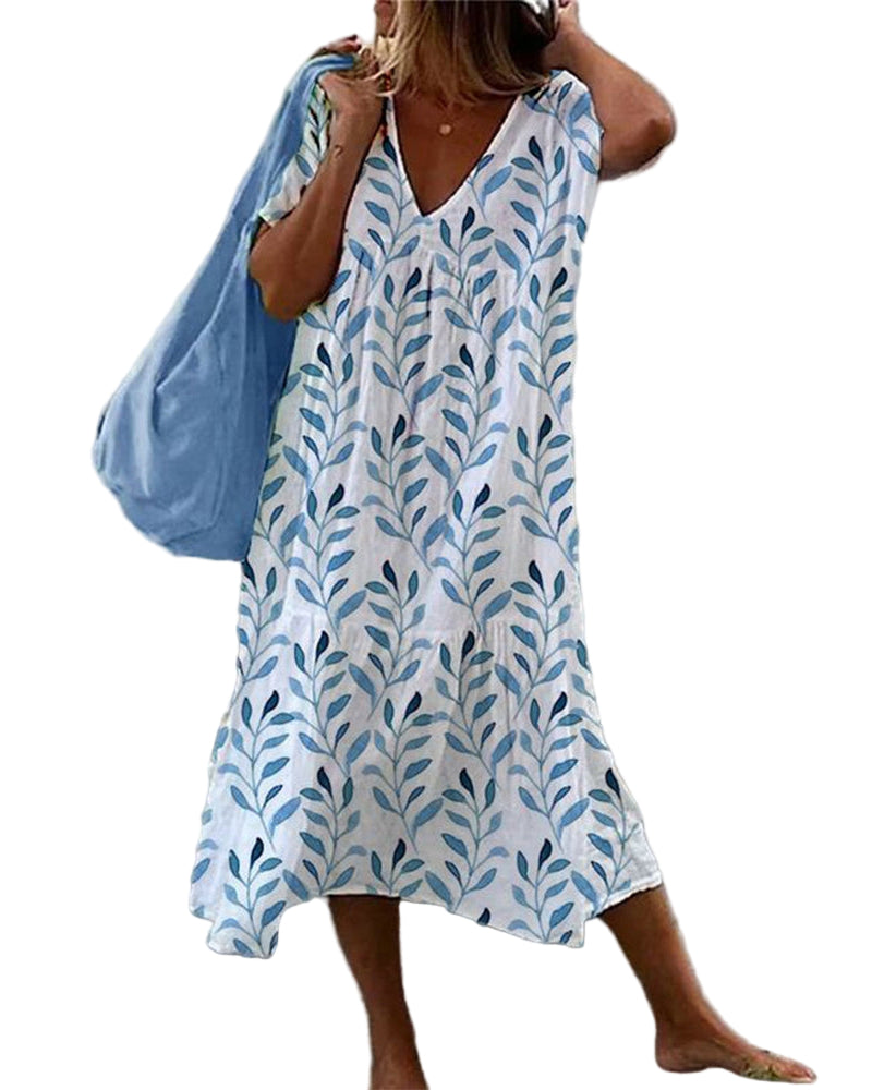 Damenkleid mit V-Ausschnitt und Blätterdruck 0