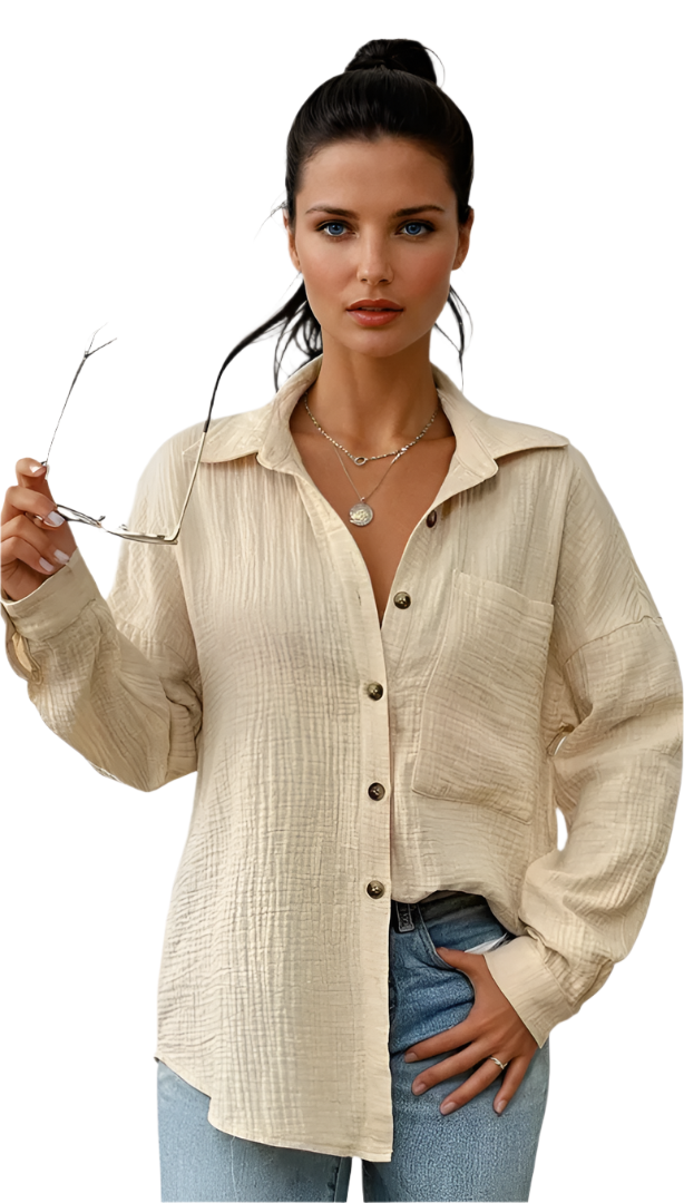 Damens Bluse med Knappestolpe i 100% Bomull 0