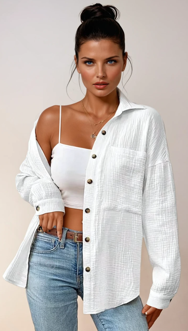 Damens Bluse med Knappestolpe i 100% Bomull 1