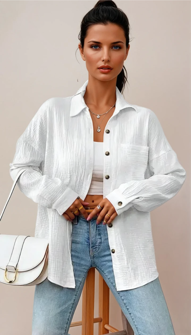 Damens Bluse med Knappestolpe i 100% Bomull 3