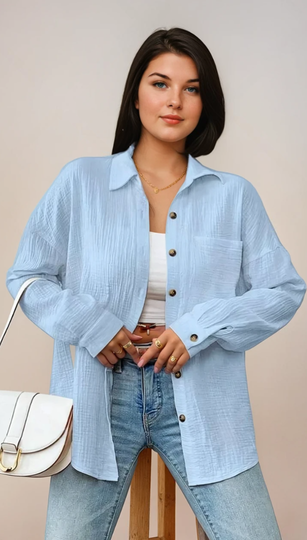 Damens Bluse med Knappestolpe i 100% Bomull 6