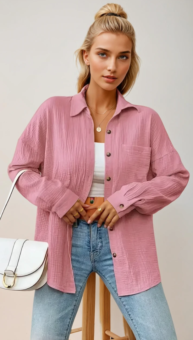 Damens Bluse med Knappestolpe i 100% Bomull 7