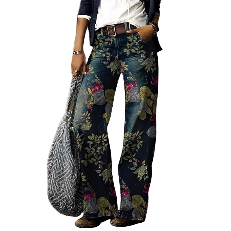 Damens Jeans med Blomstertrykk og Løs Passform 0