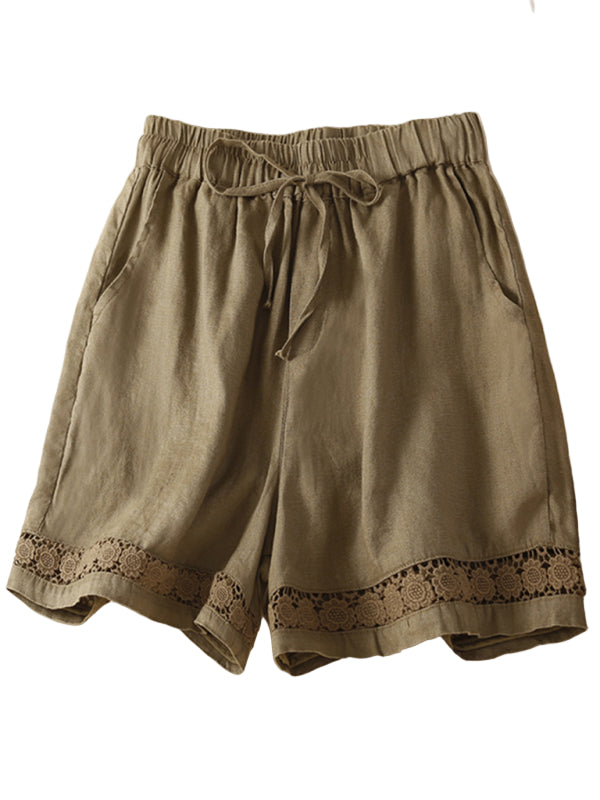 Damens Løse Shorts i Vevd Bomull og Lin med Hult Blonder 0