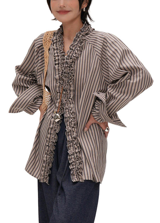 Damens Stripete V-hals Rynket Skjorte 0