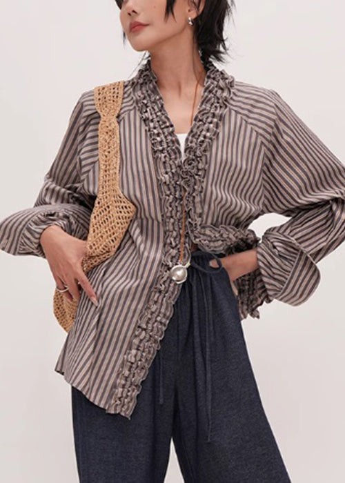 Damens Stripete V-hals Rynket Skjorte 1