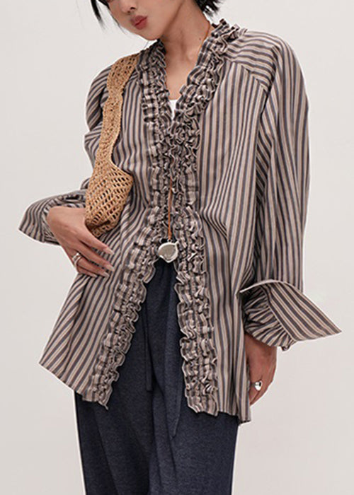 Damens Stripete V-hals Rynket Skjorte 2