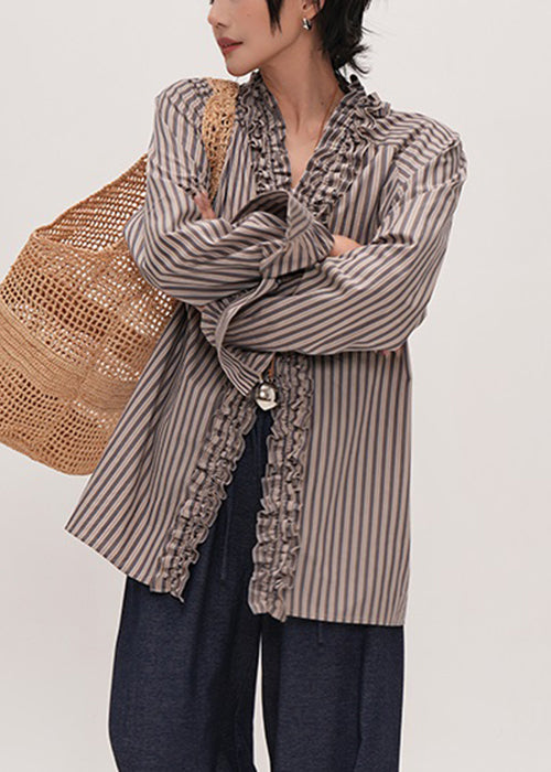 Damens Stripete V-hals Rynket Skjorte 3