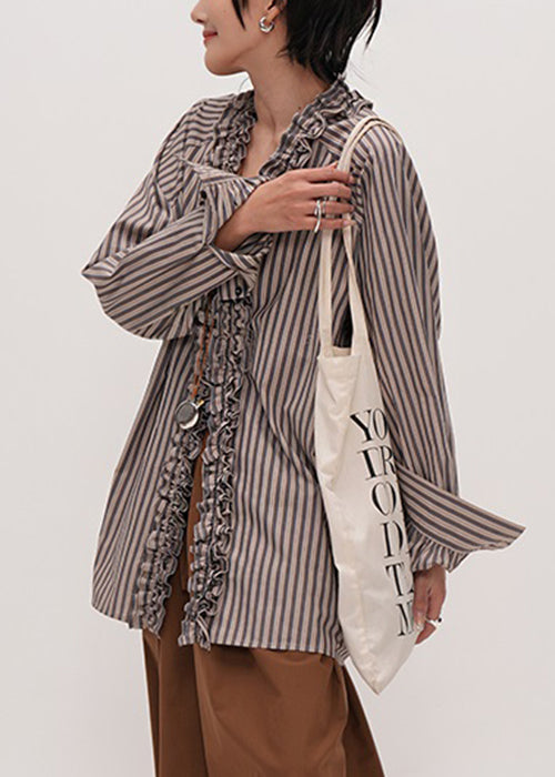 Damens Stripete V-hals Rynket Skjorte 4