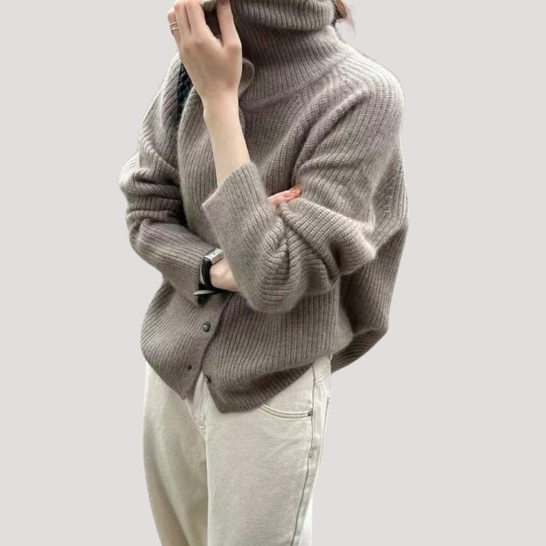Damer Chunky Strikket Cardigan med Høy Krage 1