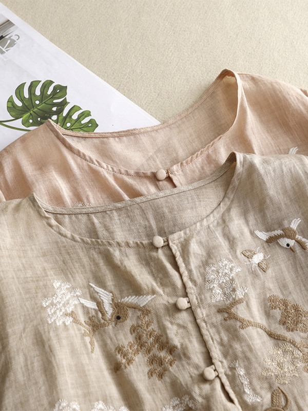 Damer Retro Topp Rund Hals Broderi Bomull Lin 1